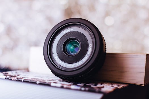 Home Detailed close-up of a Canon camera lens resting on books, surrounded by a soft bokeh backdrop.